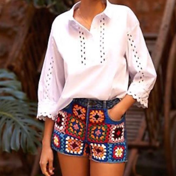 HP⭐️Farm Rio Crochet Square High Rise Denim Shorts - Picture 2 of 10